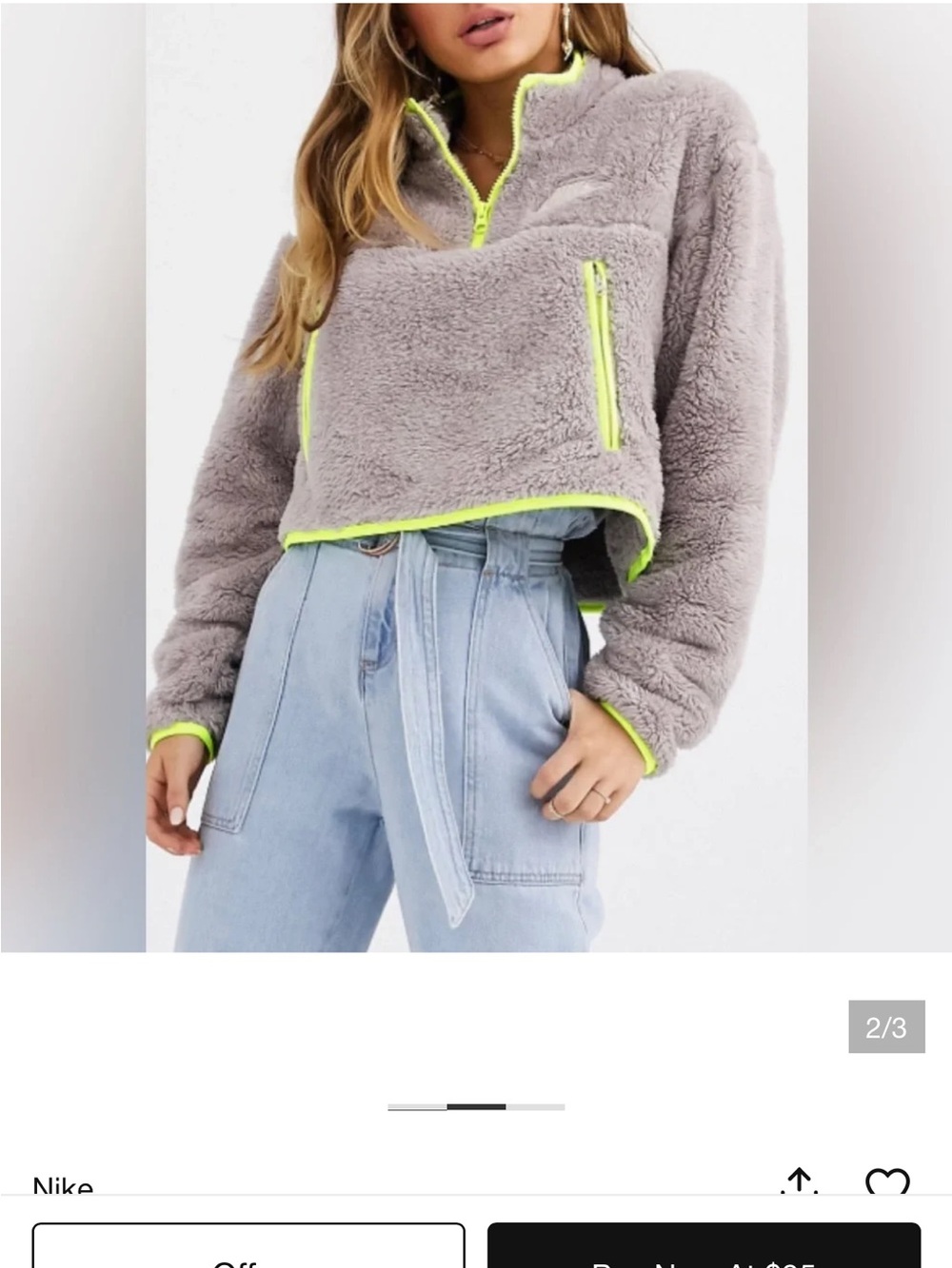 Nike Cropped Teddy Pullover Jacket in Light Gray with Neon Yellow Trim